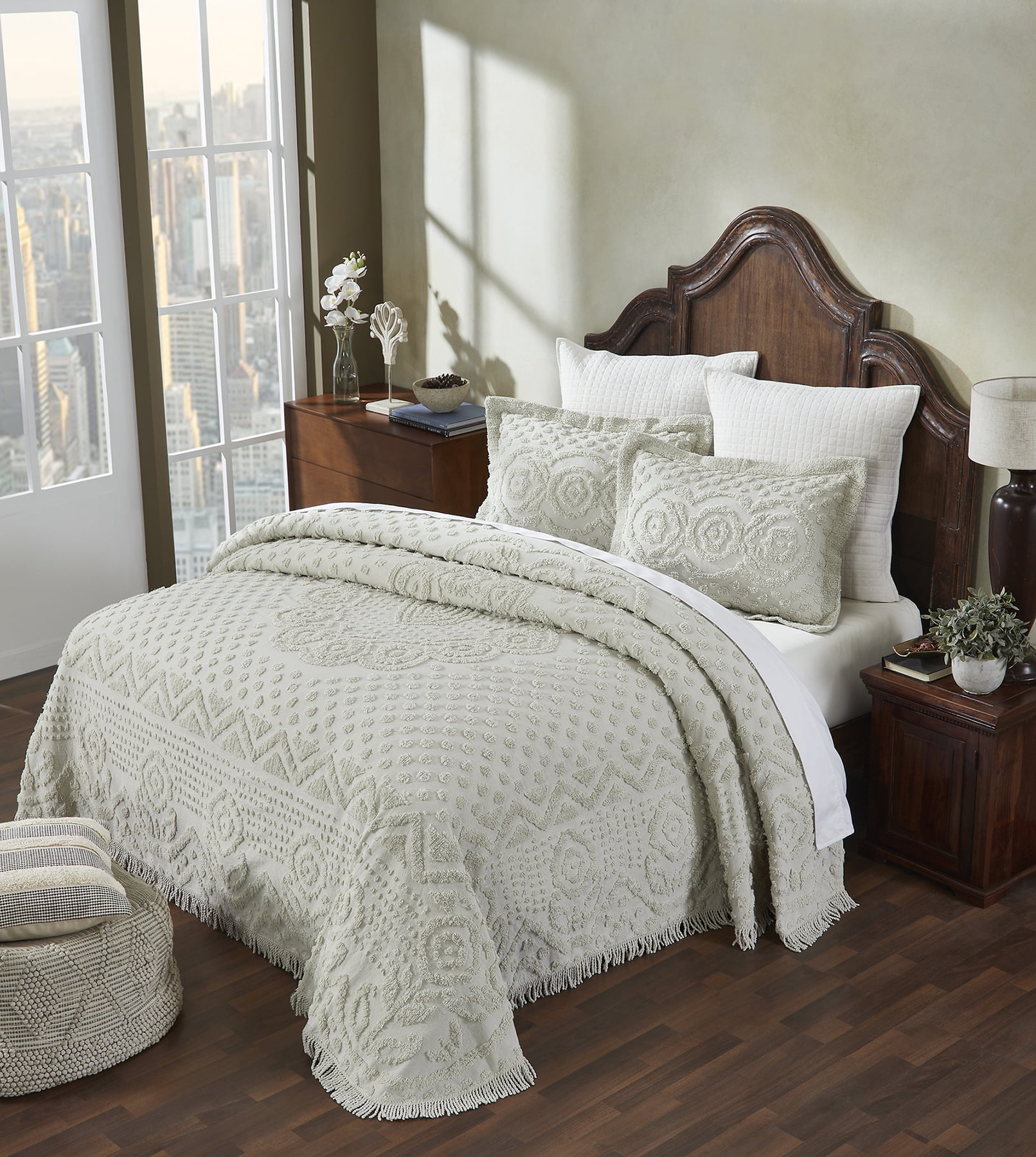 Better Trends 3 Piece Chenille Bedspread Set for King Bedspread 100% Cotton Medallion Design Lightweight Bedspread for all Season Heirloom Collection (Sage)