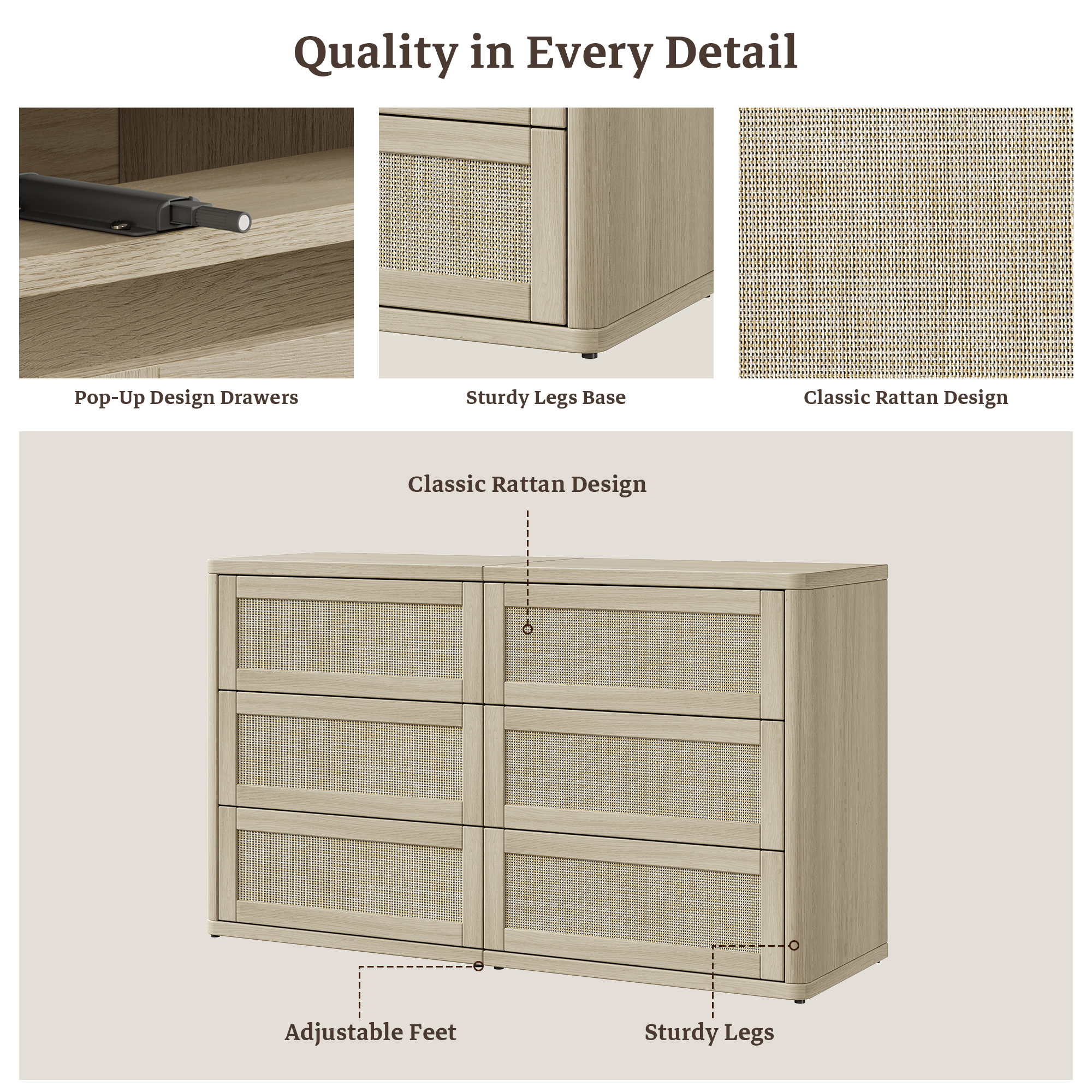 SICOTAS 53.6" Wide 6 Drawer Modular Rattan Dresser for Bedroom, Long Chest of Drawers with Pop-Up Drawers%& Unique Rattan Design, Amber Oak