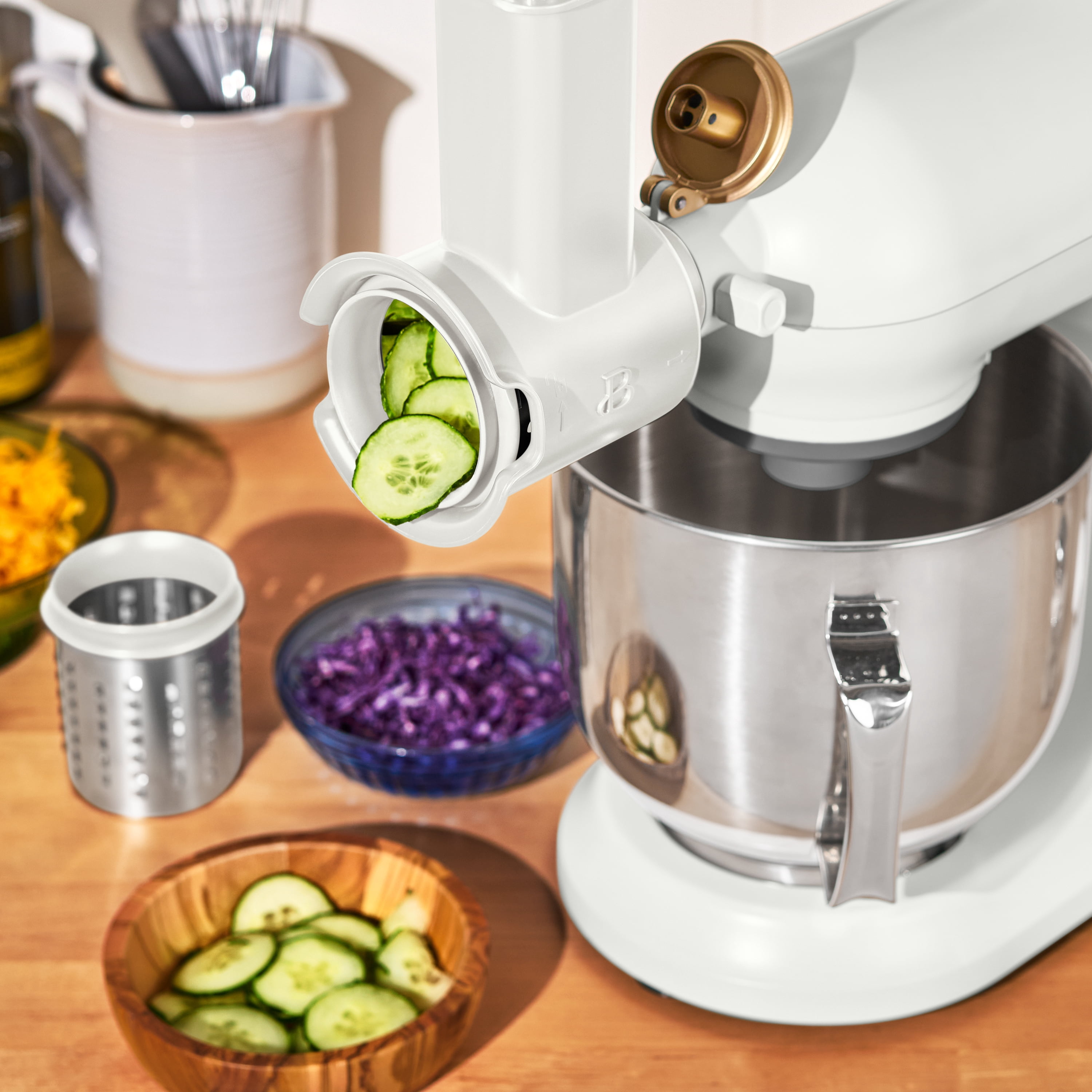 Beautiful Slicer/Shredder Stand Mixer Attachment with 3 Stainless Steel Cutting Blades, by Drew Barrymore