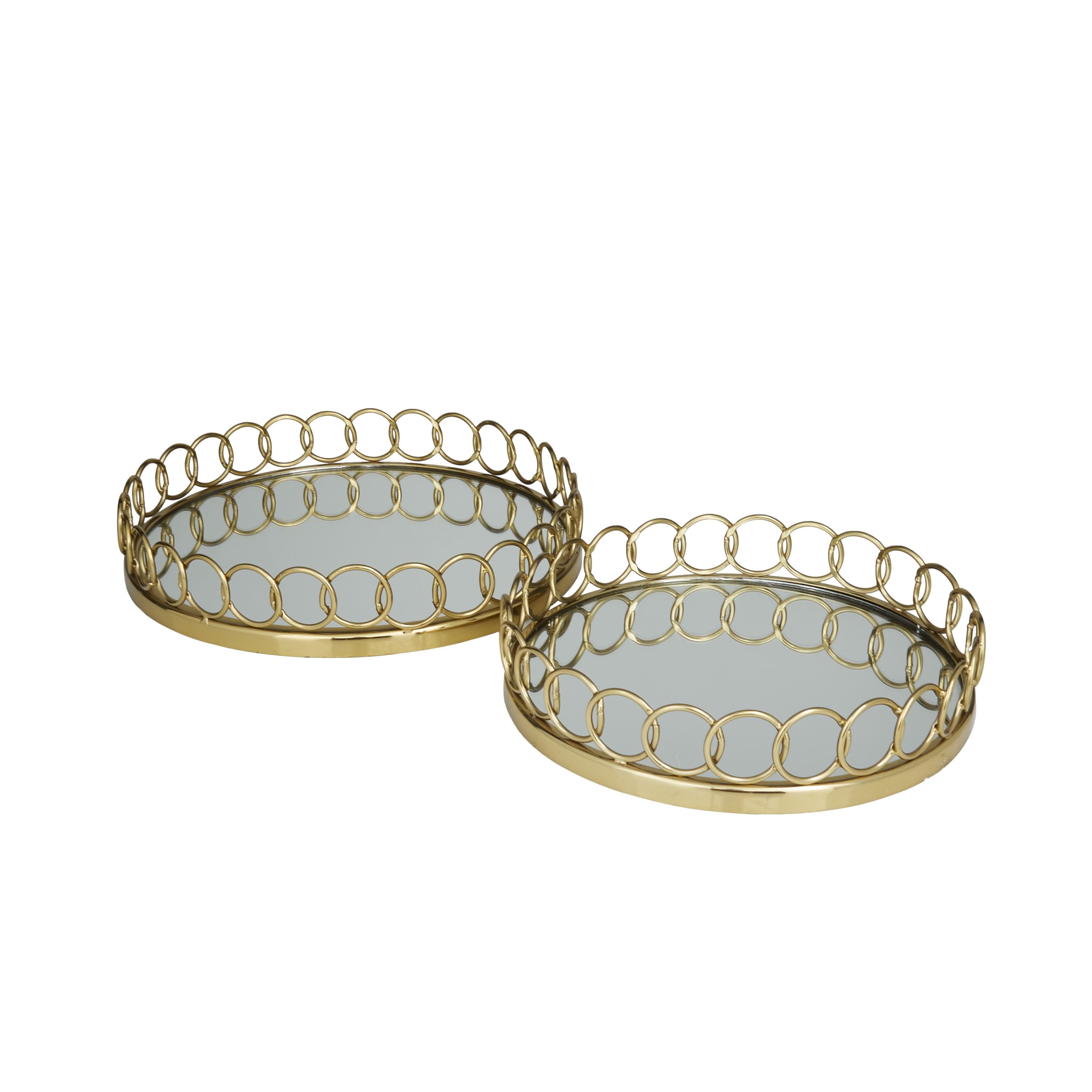 DecMode 16", 14"W Gold Stainless Steel Mirrored Tray with Circle Patterned Sides, 2-Pieces