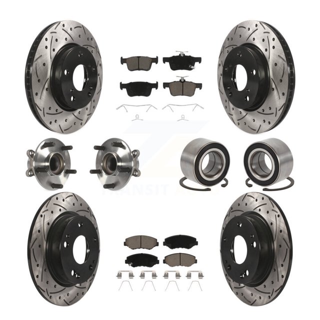 Transit Auto Front Rear Wheel Hub Bearings Assembly Coated Disc Brake Rotors and Ceramic Pads Kit (10Pc) for Car Honda Civic - Left Right Side (Driver Passenger) KBB-117573