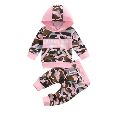 

Musuos 0-24M Kids Camouflage Pants Set Long Sleeve Hooded Tops Lace Up High Waist Long Pants Kids Clothing