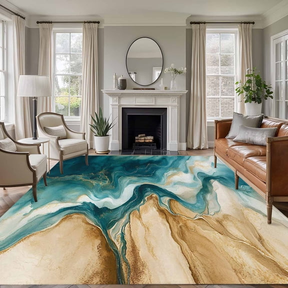 5'x8' Area Rugs, Teal Brown Indoor Outdoor Area Rug for Living Room Bedroom, Modern Abstract Art Water Ripple Washable Bathroom Rugs Kitchen Floor Carpet Mats Home Decor Aesthetic