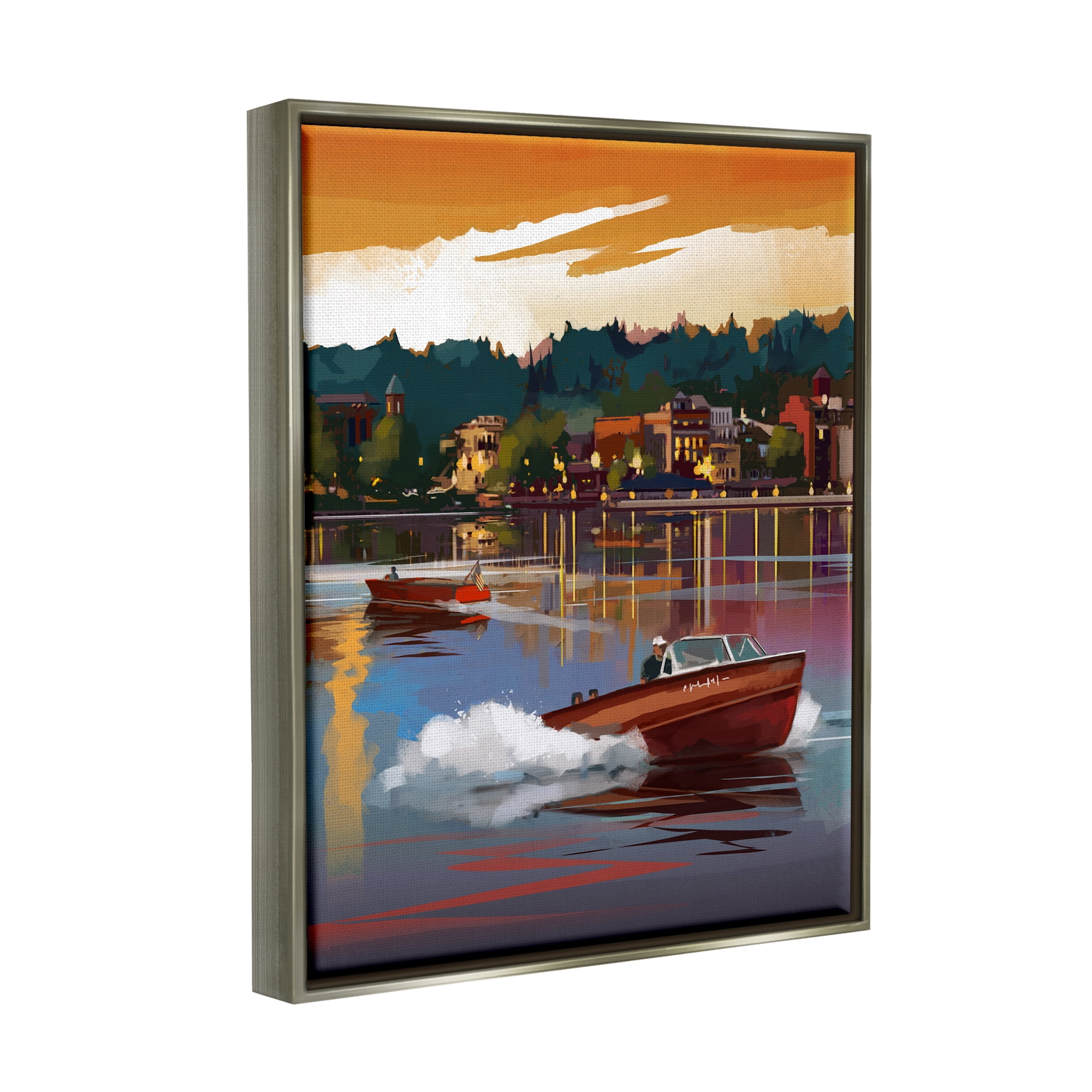 Stupell Industries Boats at Sunset Pier Transportation Painting Gray Floater Framed Canvas Art Print Wall Art, 17 x 21
