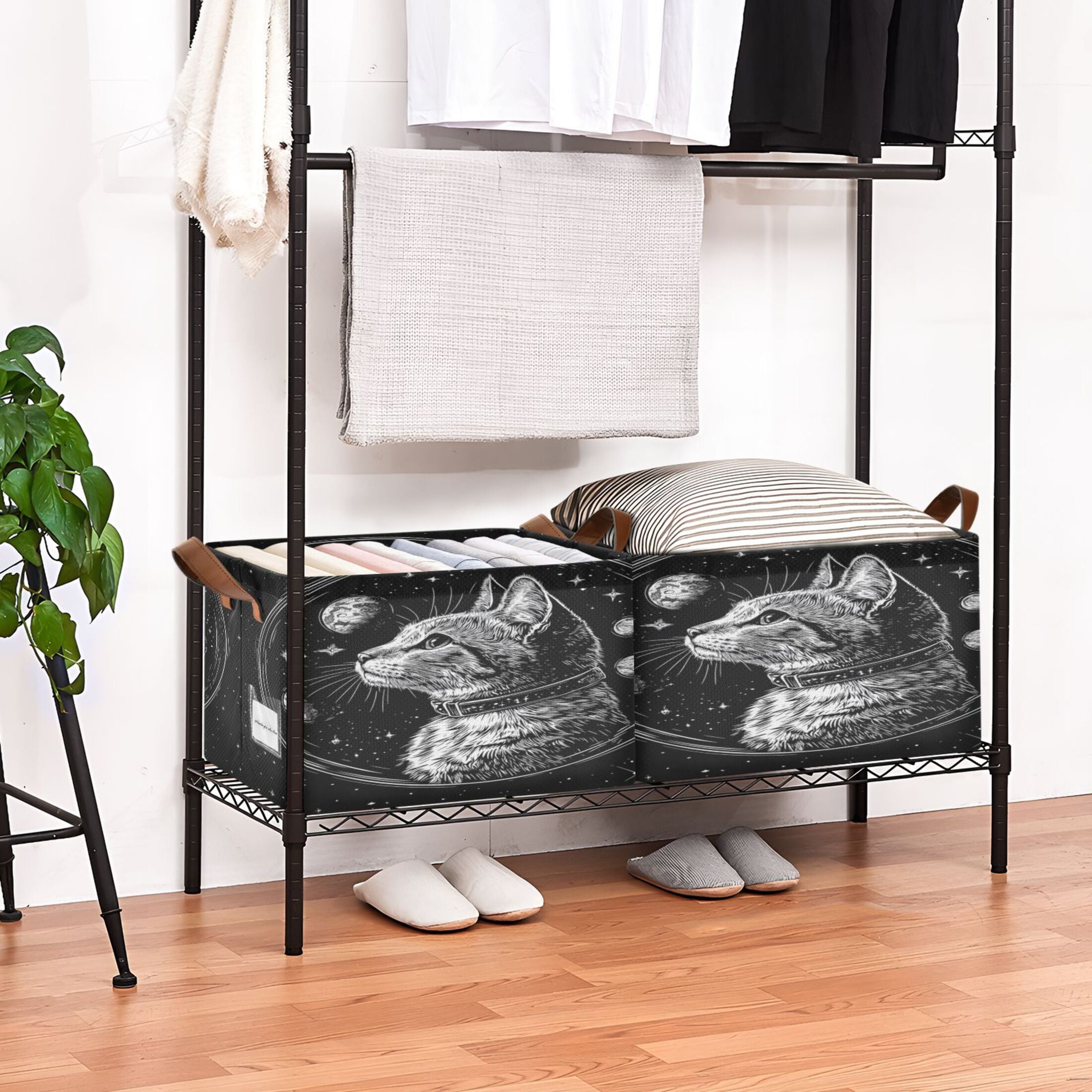 WOBOGO Cat Black Universe Pattern Storage Basket 16.9×11.4×10in Collapsible Oversized with Metal Iron Frame Set of 1