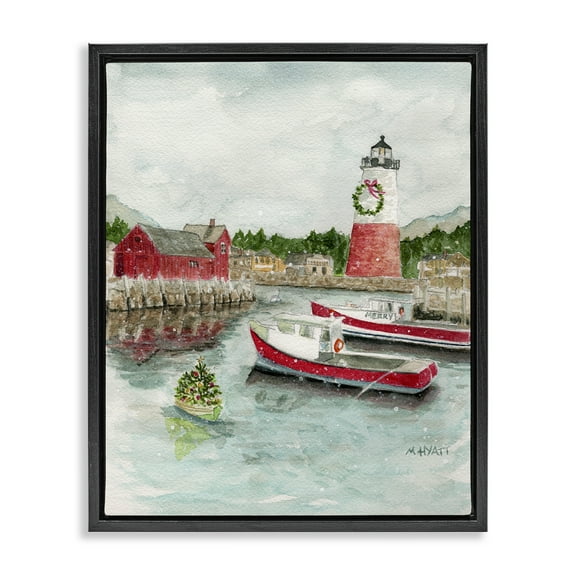 Stupell Industries Coastal Christmas Harbour Holiday Painting Black Floater Framed Art Print Wall Art, 17 x 21