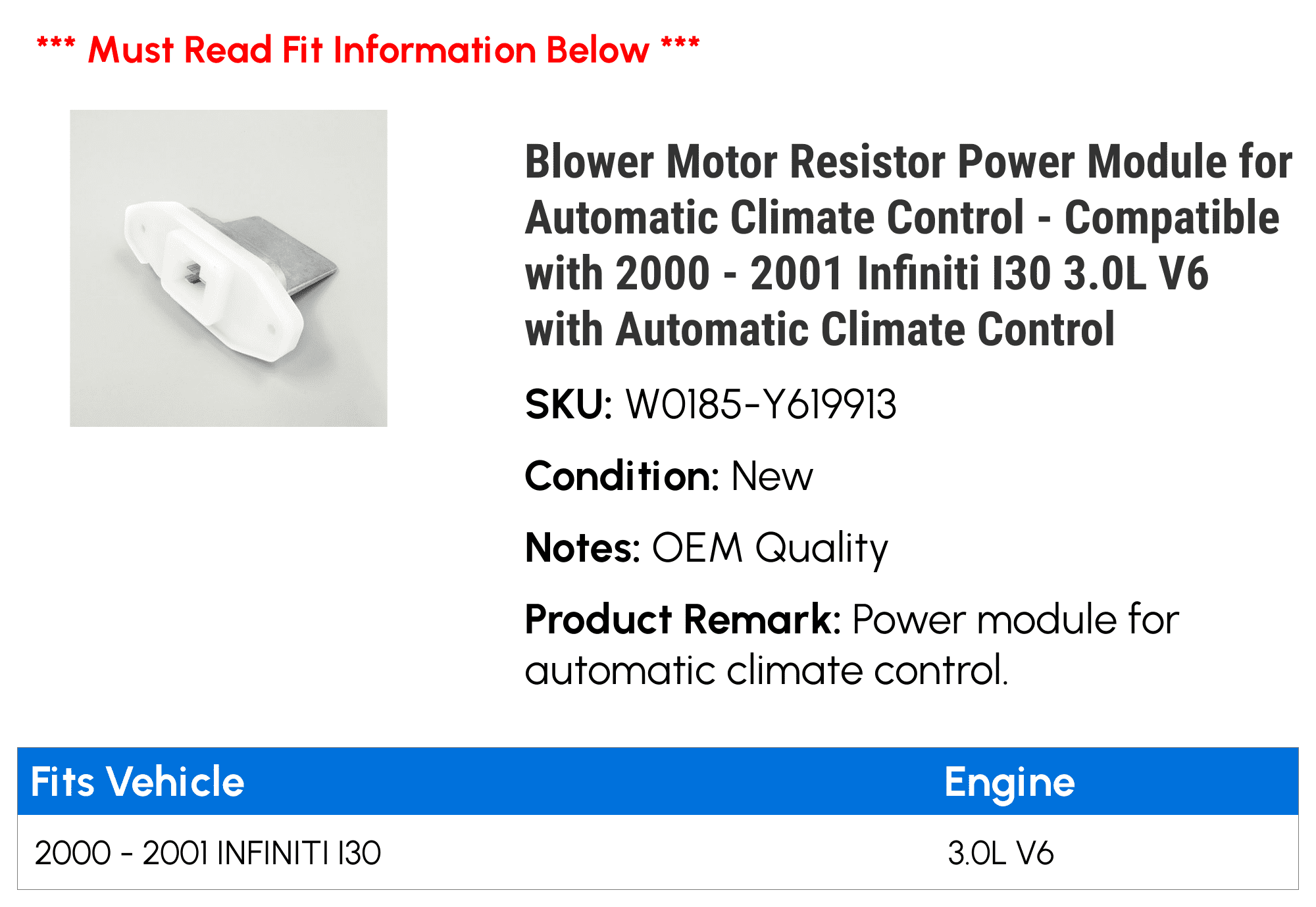 Blower Motor Resistor Power Module for Automatic Climate Control - Compatible with 2000 - 2001 Infiniti I30 3.0L V6 with Automatic Climate Control