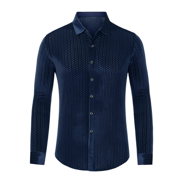 Camisas de terciopelo de vestir para hombre, camisas formales sólidas de ajuste clásico con botones de manga larga Armada S Unique Bargains Camisa