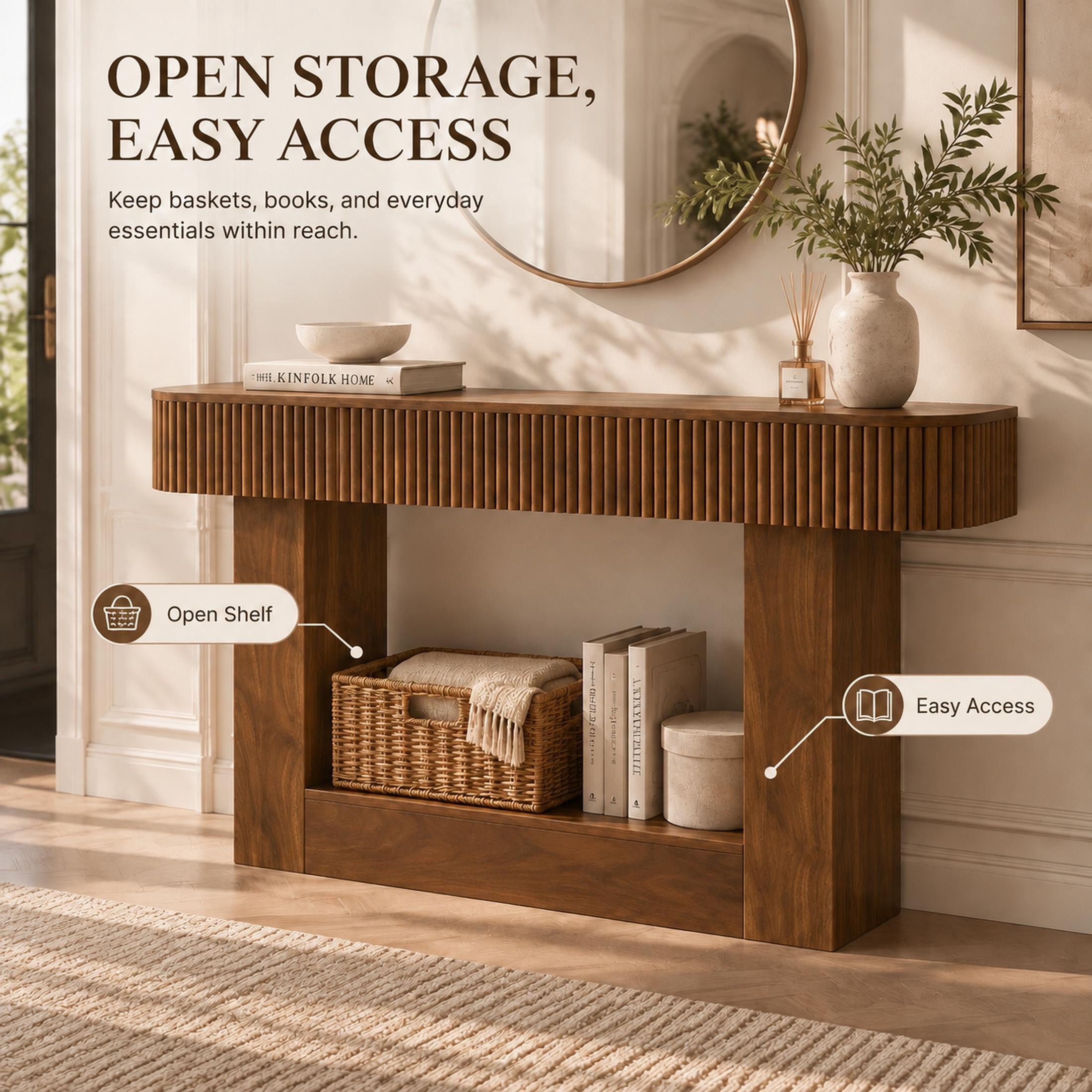 PORKISS 62.9" Console Table with Open Storage, Narrow Long Entryway Table with Rounded Edges, Fluted Sofa Table for Living Room, Hallway, Foyer, Behind Couch, Brown A