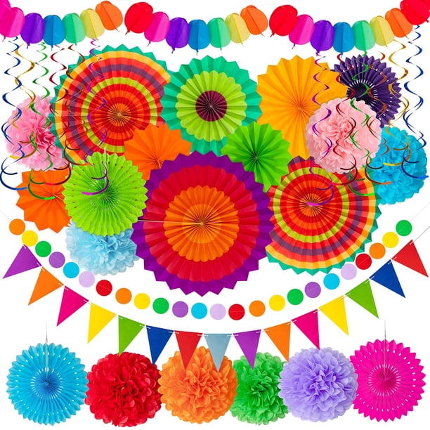 Juego de decoraciones para fiestas de abanico de papel de Fiesta de 35 piezas: banderines con pompones del Cinco de Mayo, guirnalda de banderines, suministros de decoración con remolinos colgantes (mu
