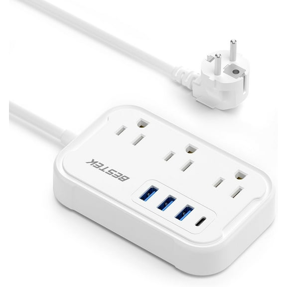 European Travel Plug Adapter - US to Europe Plug Adapter with 3 AC Outlets and 4 USB(1 PD20W) Type E/F - International Travel Adapter for USA to Germany France Iceland Spain, 2.6ft