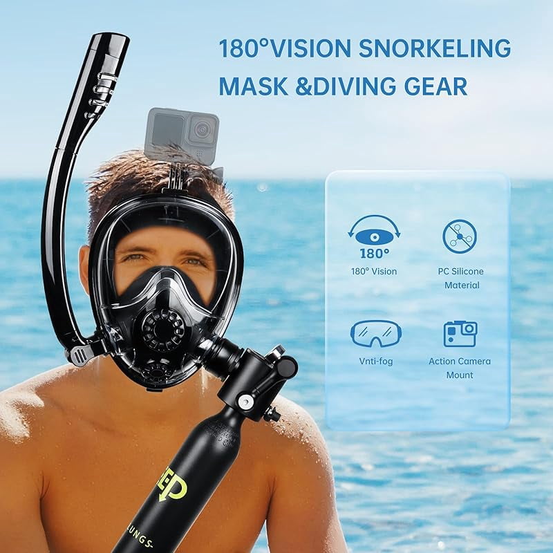 0.5L Scuba Diving Tank with Full Face Snorkel Mask, Support About 7-10 Minutes, Lung Tank Sub Mask for Snorkeling, Underwater Exploration