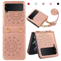 Dteck Case For Samsung Galaxy Z Flip 3 5G Shockproof Embossed Mandala Pattern Women's Wallet Case with Card Holder Detachable Shoulder Strap, Rosegold