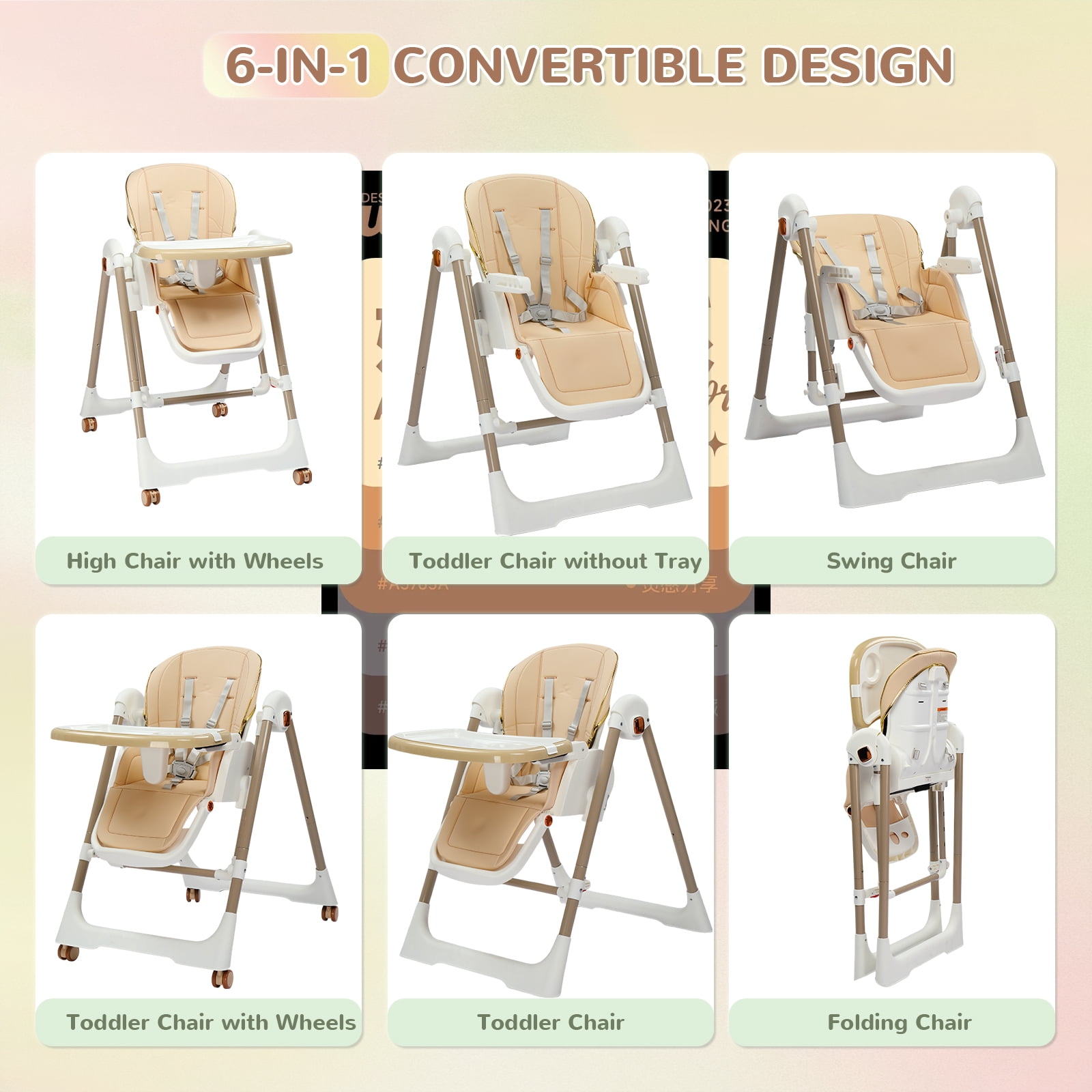 Ktaxon Baby High Chair, Convertible 6 in 1 Baby Highchair with Swing Function for Babies and Toddlers, with 5-Point Safety Harness, Adjustable Dining Tray, Backrest, Footrest & Height, Beige