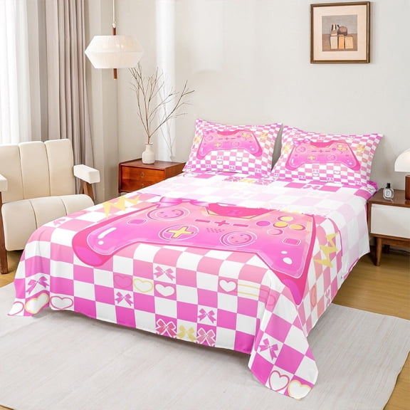jejeloiu Cute Gamepad Twin Sheet Sets,Modern Video Game Twin Fitted Sheet,Gaming Gamer Flat Sheet For Girl Kids,Super Cozy Bedroom Decor,3pcs