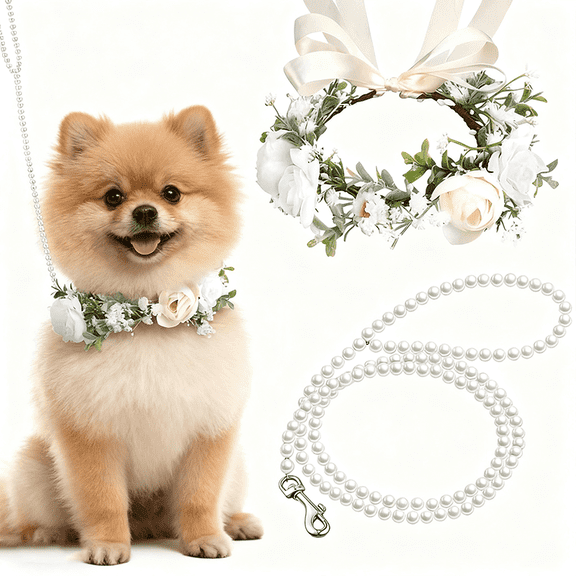 1Set Collar and Leash Set, White Flower Dog Collar with Pearl Beaded Leash, 4Ft/47.2 Inch, Adjustable for Small and Medium-Sized Dogs, Perfect for Dog Wedding Outfit