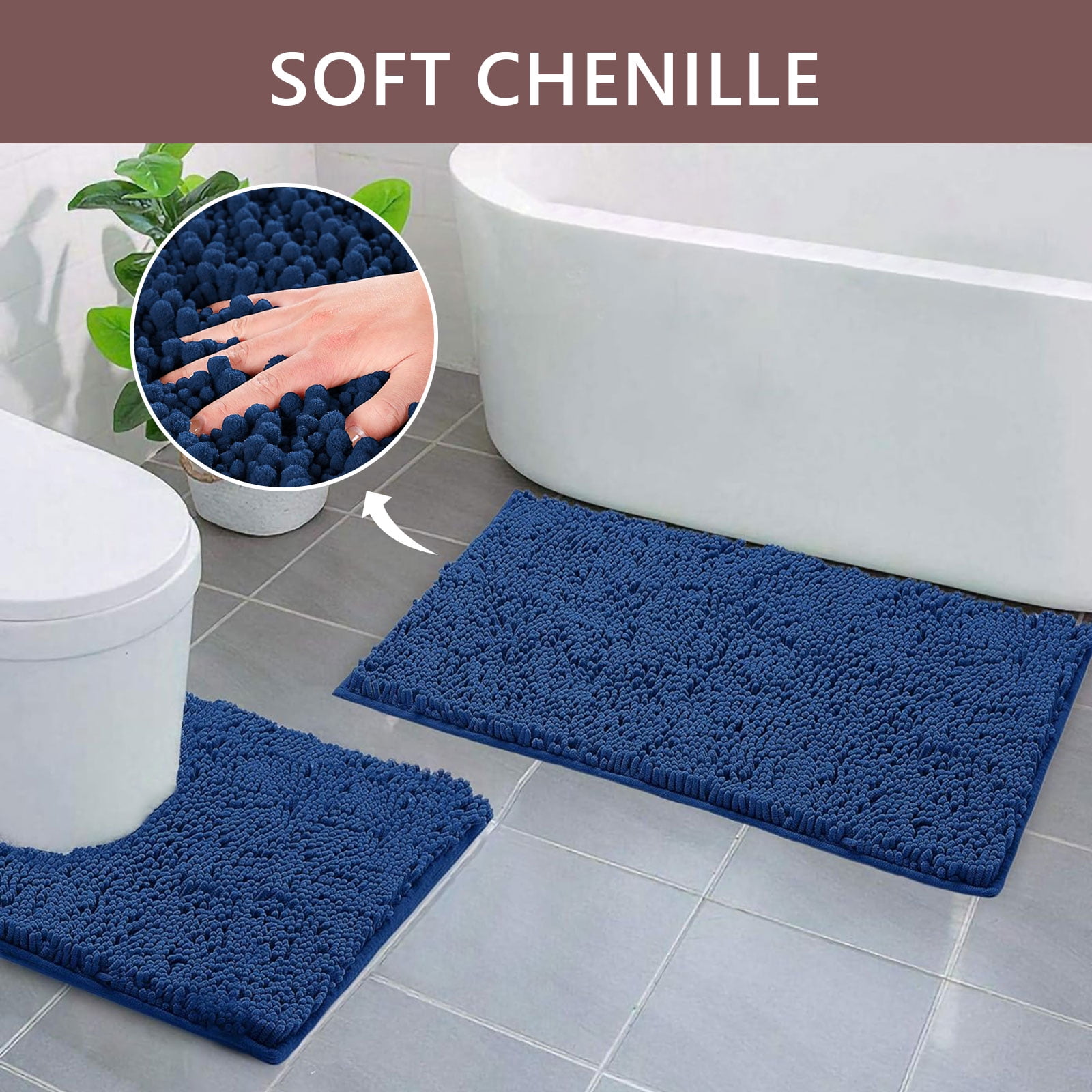 Hengbo 2 Pcs Luxury Chenille Bathroom Mat Set Bathroom Rugs Set Non Slip Rugs Set for Bathroom Extra Absorbent Soft Washable Machine Wash Navy Blue
