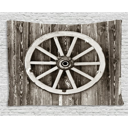Village Circle - Barn Wood Wagon Wheel Tapestry, Retro Wheel on Timber Wall Barn House Village Cart Circle, Wall Hanging for Bedroom Living Room Dorm Decor, 80W X 60L Inches, Dark Brown and White, by Ambesonne