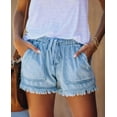 thumbnail image 2 of Dycnvjo Womens Roll Up Stretchy Denim Shorts Elastic Waist Drawstring Comfy Short Pants Light Blue XXL, 2 of 5