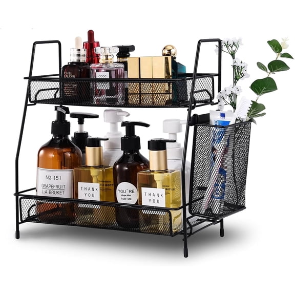 2-Tier Bathroom Countertop Organizer,Skincare, Makeup Countertop Organizers, Kitchen, Bathroom Counter Storage with Small Basket (Black)