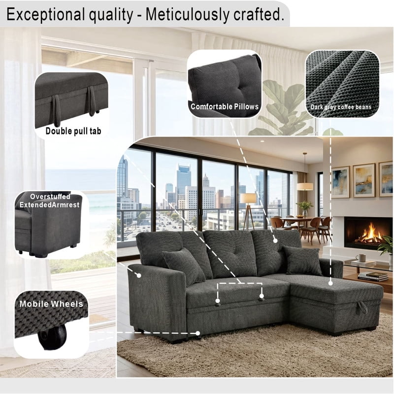 L-Shaped Sectional Sofa with Pull-Out Bed and Reversible Chaise, Convertible Sleeper Sofa Bed Modern Couch Bed for Living Room Apartment