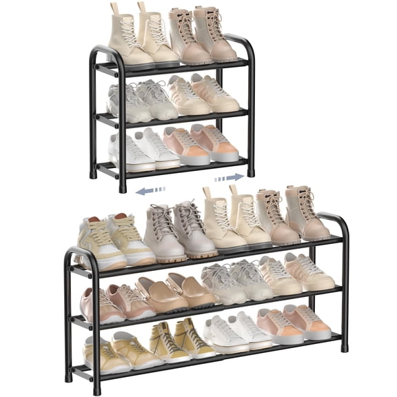 Expandable Shoe Rack, 3 Tier Adjustable Shoe Organizer Shelf for Closet, Black Metal Free Standing Shoe Rack Storage for Small Space, Entryway