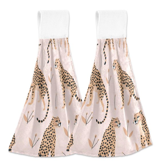 2 Pcs Cheetah Leopard Kitchen Hand Towels with Hanging Loops Absorbent Soft Fast Drying Decor Bath Towels