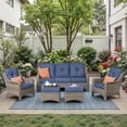 thumbnail image 2 of Ovios 5 Pieces Outdoor Furniture Set High Back All-Weather Wicker Patio Conversation Set with Ottomans, Denim Blue, 2 of 6