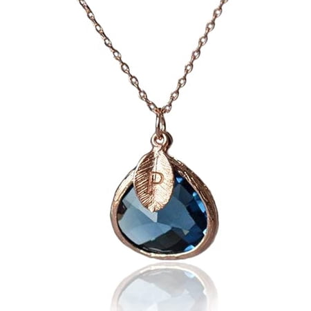 Personalized Sapphire Necklace, Bridesmaid Necklace, September Birthstone Necklace, Custom Initial Necklace, Gift for Her, Sapphire Jewelry - 16" Silver Plated - Leaf Initial A