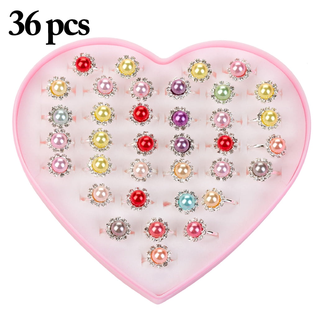 36PCS Kid's Ring Set Cute Artificial Pearls Adjustable Jewelry Ring ...