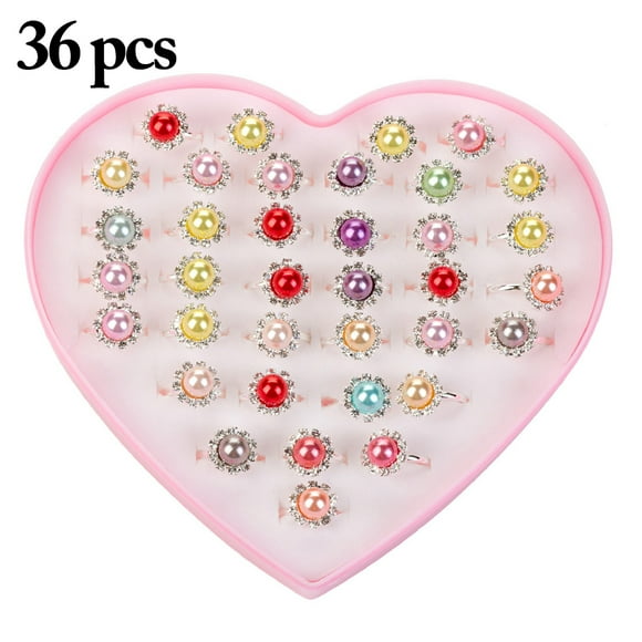 36PCS Kid's Ring Set Cute Artificial Pearls Adjustable Jewelry Ring Alloy Ring