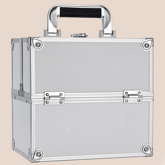 Makeup Train Case Organizer Box Portable Cosmetic Travel Case with Lock Trays Aluminum Hard Vanity Box Make Up Artist Nail Beauty Storage Organizer Cosmetic Suitcase Bright Silver