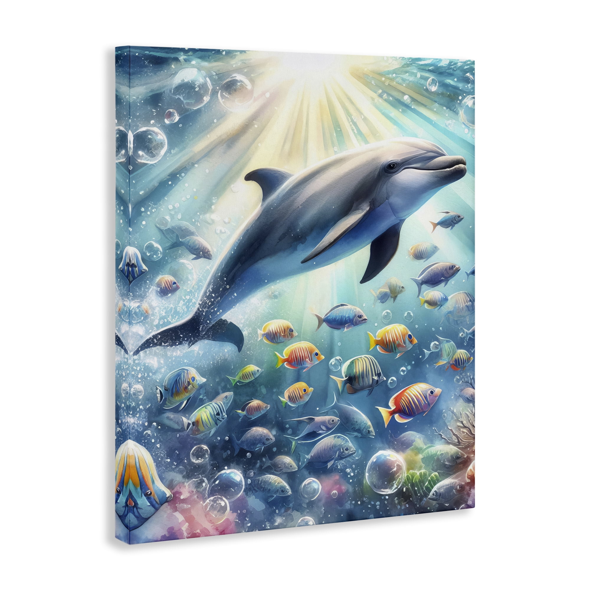 Stupell Industries Dolphin Among Sea Life Nautical & Beach Painting Wrapped Canvas Art Print Wall Art, 24 x 30