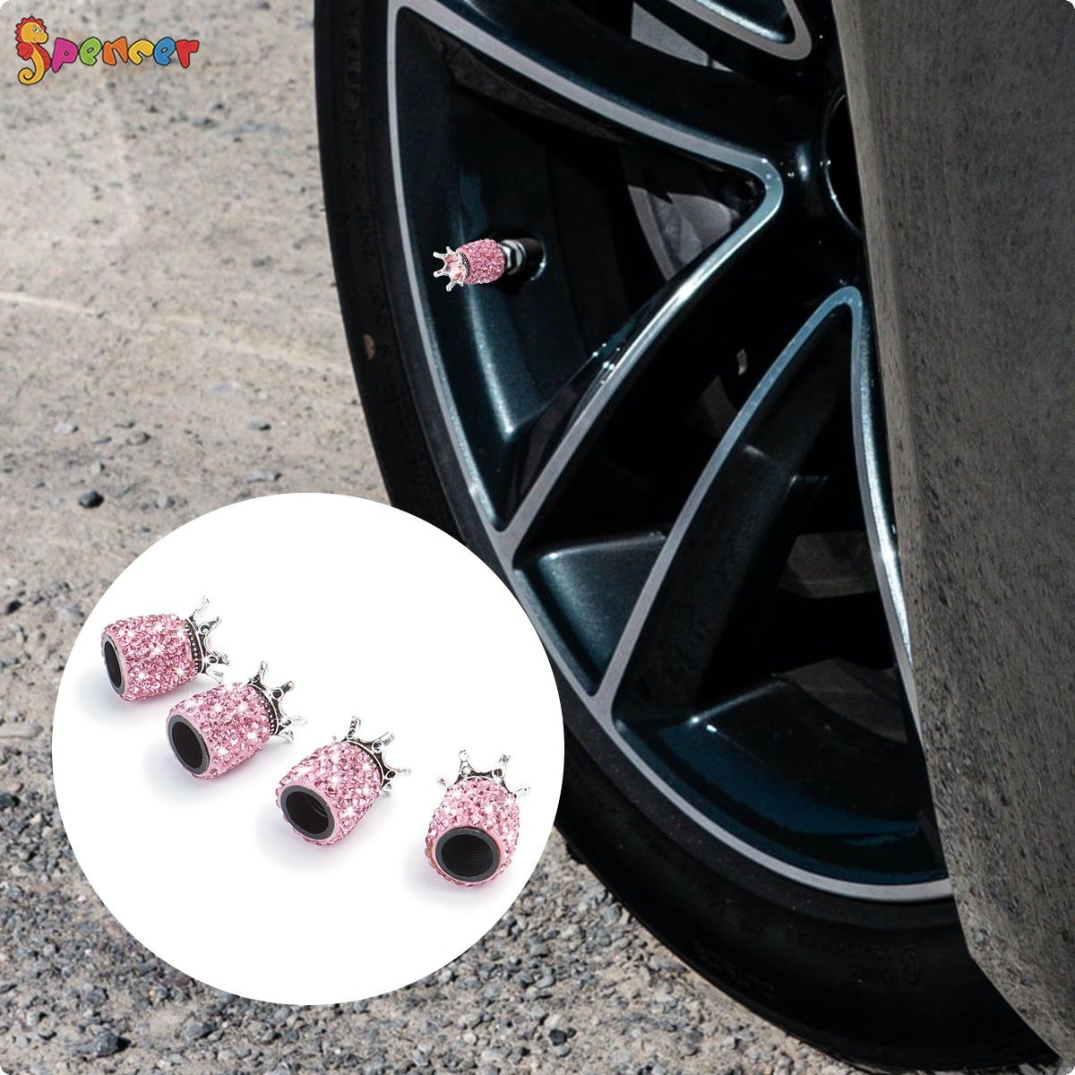 Spencer Pack Rhinestone Crown Valve Stem Caps Handmade Crystal Universal Tire  Valve Dust Caps Bling Car Accessories with 1PC Ring Emblem Sticker for Auto  Ornamen 