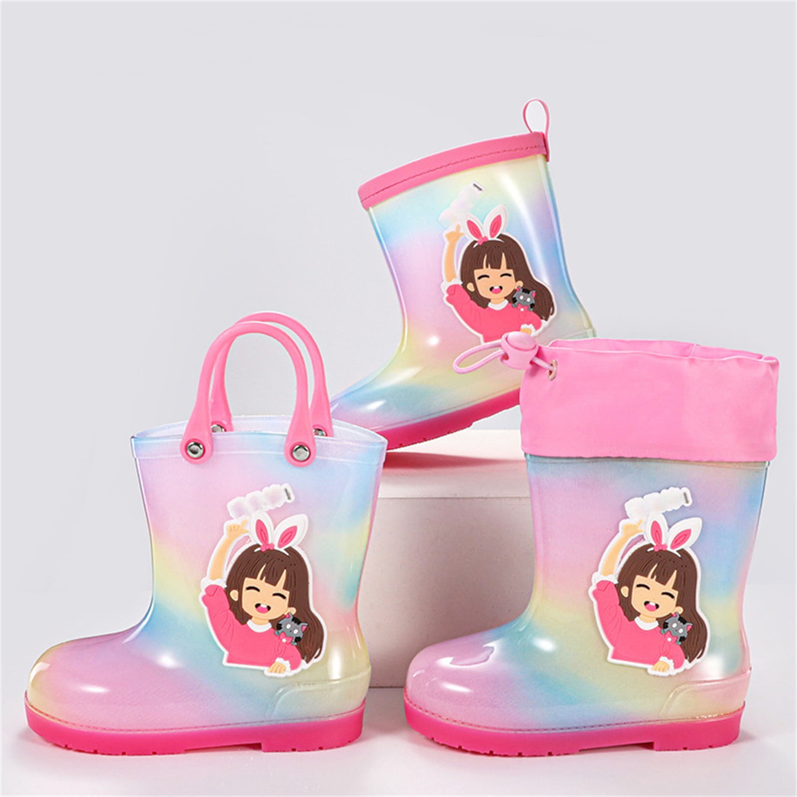 Toddler Girl Rain Boots Waterproof Cute Patterns Kids Rubber Boots with Easy on Handles A 4.5-5 Years