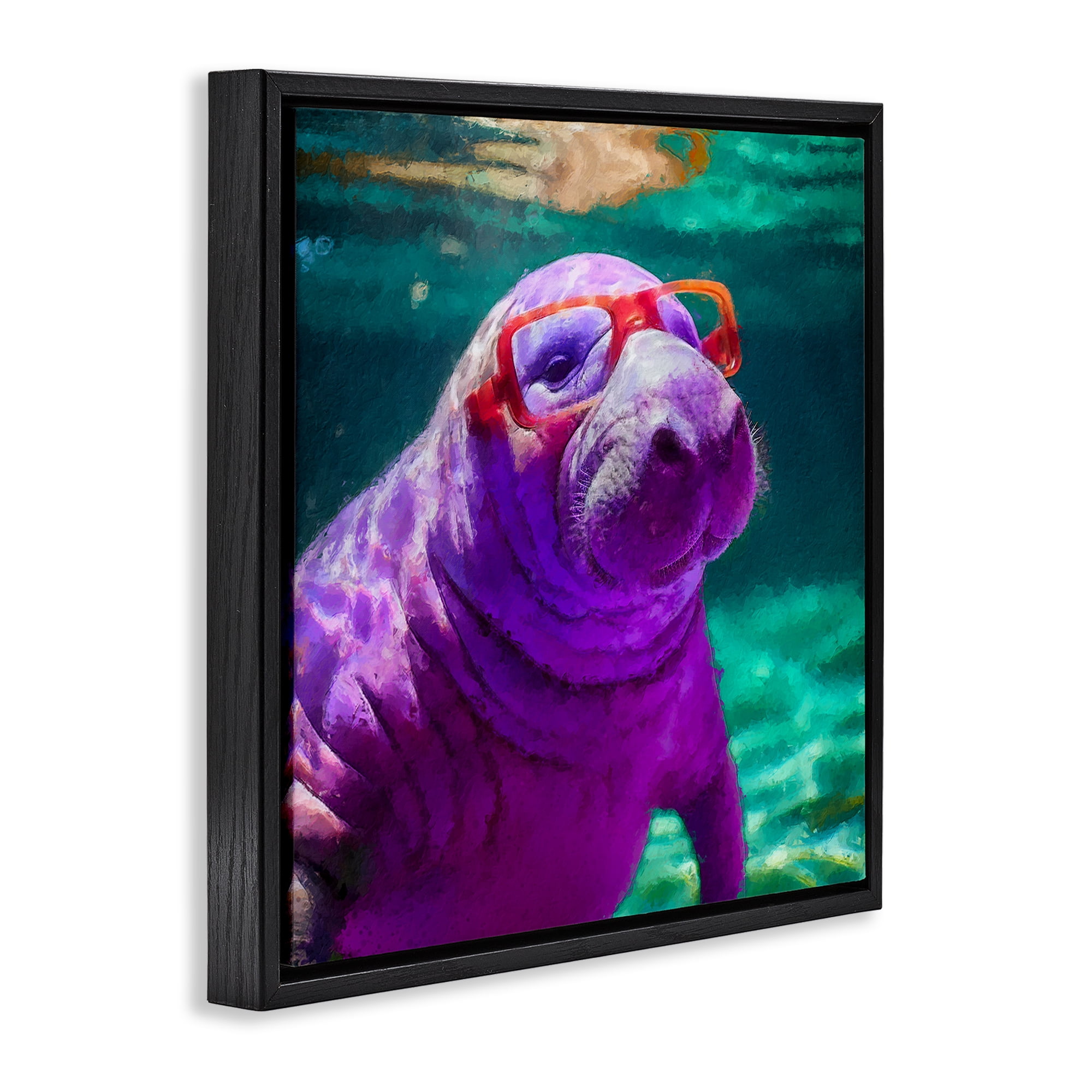 Stupell Industries Manatee with Glasses Animals & Insects Painting Black Floater Framed Canvas Art Print Wall Art, 25 x 25
