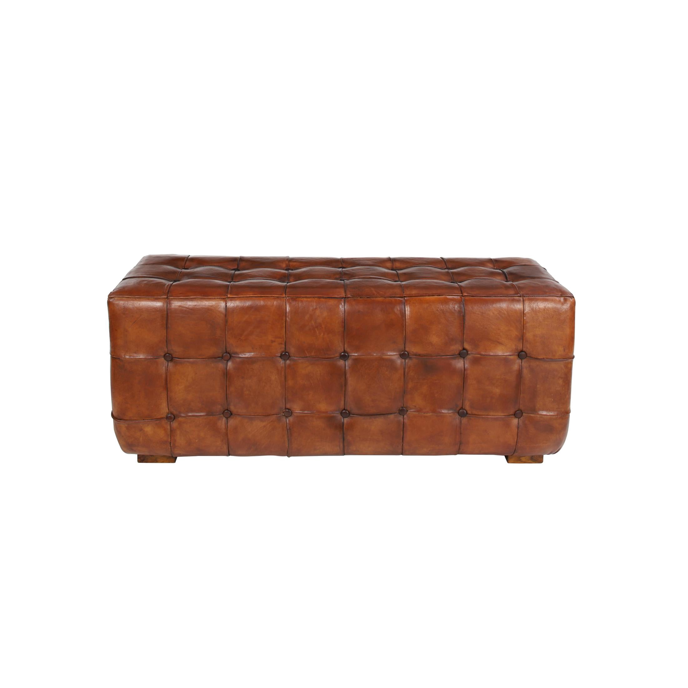 DecMode Leather Tufted Upholstered Bench with Block Feet, Brown