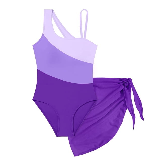 MIASHUI Girl's Swimsuits Color Cutout One Shoulder Bathing With Mesh Cover Up 1 Piece Swimsuit Purple,9-10 Years