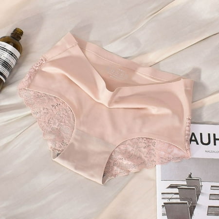 FUNUONY Big Sale!! Underwear for Women High Waist Panties Full Coverage Briefs Soft Strech Ladies Breathable Panties Women s Ice Silk Mid Lace Cotton Crotch Breathable Large Size Briefs Pink L