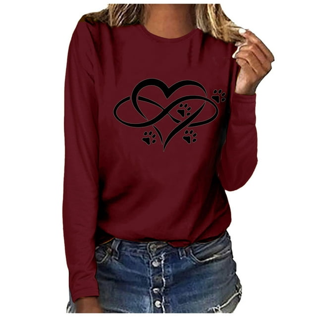 Besolor Tuniques Automne Printemps pour Femmes 2024 Imprimé Cœur Col Rond Manches Longues Chemises Décontractées Amples Blouse Tee