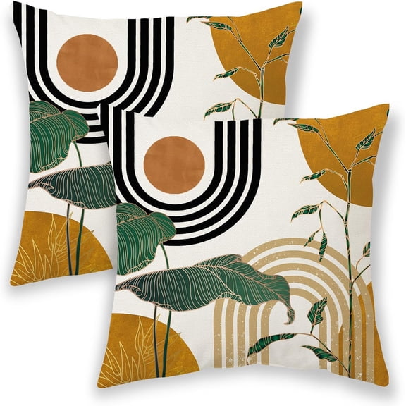 Mustard Yellow Green Boho Pillow Covers 18x18 Inch 2 Pcs,Tropical Leaf Summer Outdoor Decorative Throw Pillows,Mid Century Abstract Farmhouse Decor Pillowcase Cushion Cover for Couch Sofa