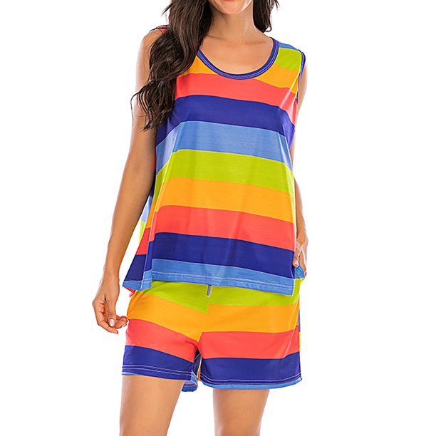 Conjunto de pantalones cortos casuales con cordón sin mangas a rayas de verano para mujer Fridja fhjkhfk459544