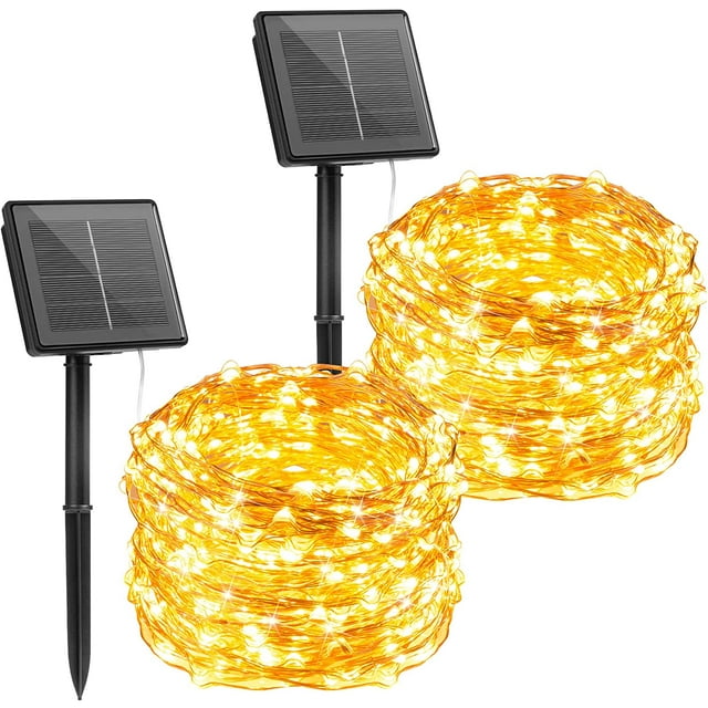 Guirnalda de luces solares para exteriores, juego de 2, 100 luces LED solares con 8 modos de decoración, cable de cobre resistente al agua para patio, árboles, fiestas de bodas y Navidad (blanco)