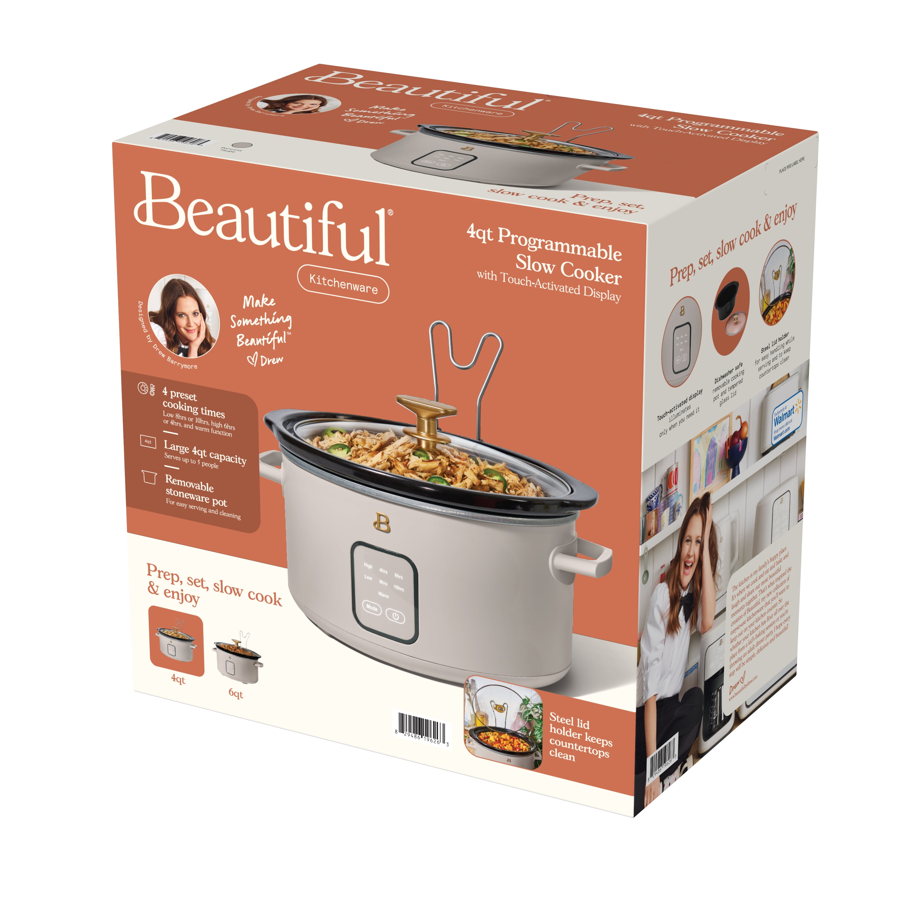 Beautiful 4Qt Slow Cooker with Touch-Activated Display, Porcini Taupe by Drew Barrymore