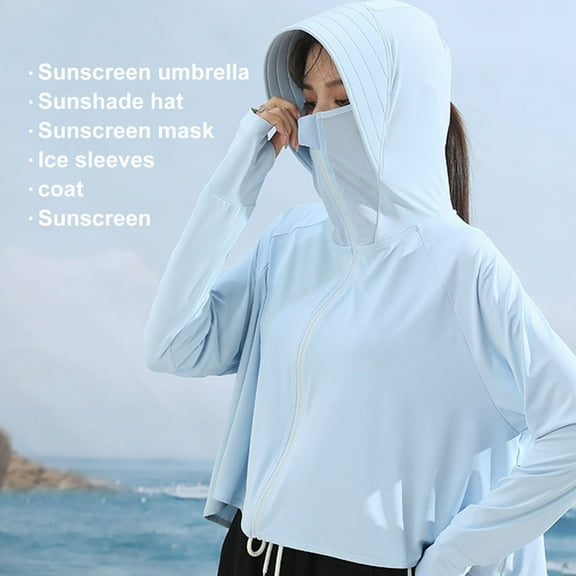 Mdesiwst Women Sunscreen Coat Zipper Opening Hooded Face Nack Protection Ice Silk Anti-UV Thin Soft Breathable Long Sleeve Color Matching Cycling Camping Jacket