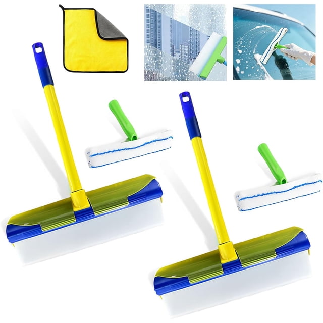 2026 New Scratch-Free & Streak-Free Squeegee 5-Piece Set for Glass Cleaning, Recyclable Silicone Window Squeegee Kit, 3 in 1 Glass Cleaning Tool with Rotatable Rubber & Microfiber Scrubber (Blue*2)