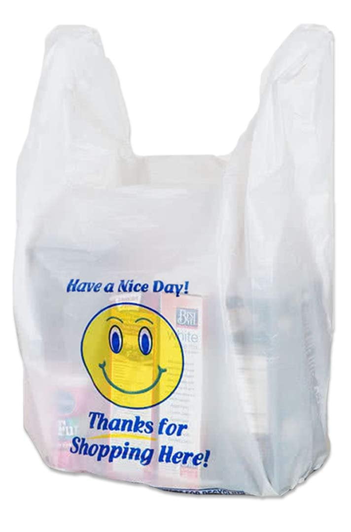 Plastic T-Shirt Bags 11.5"x7"x21" Handles Smiley Face Thanks for Shopping Here 