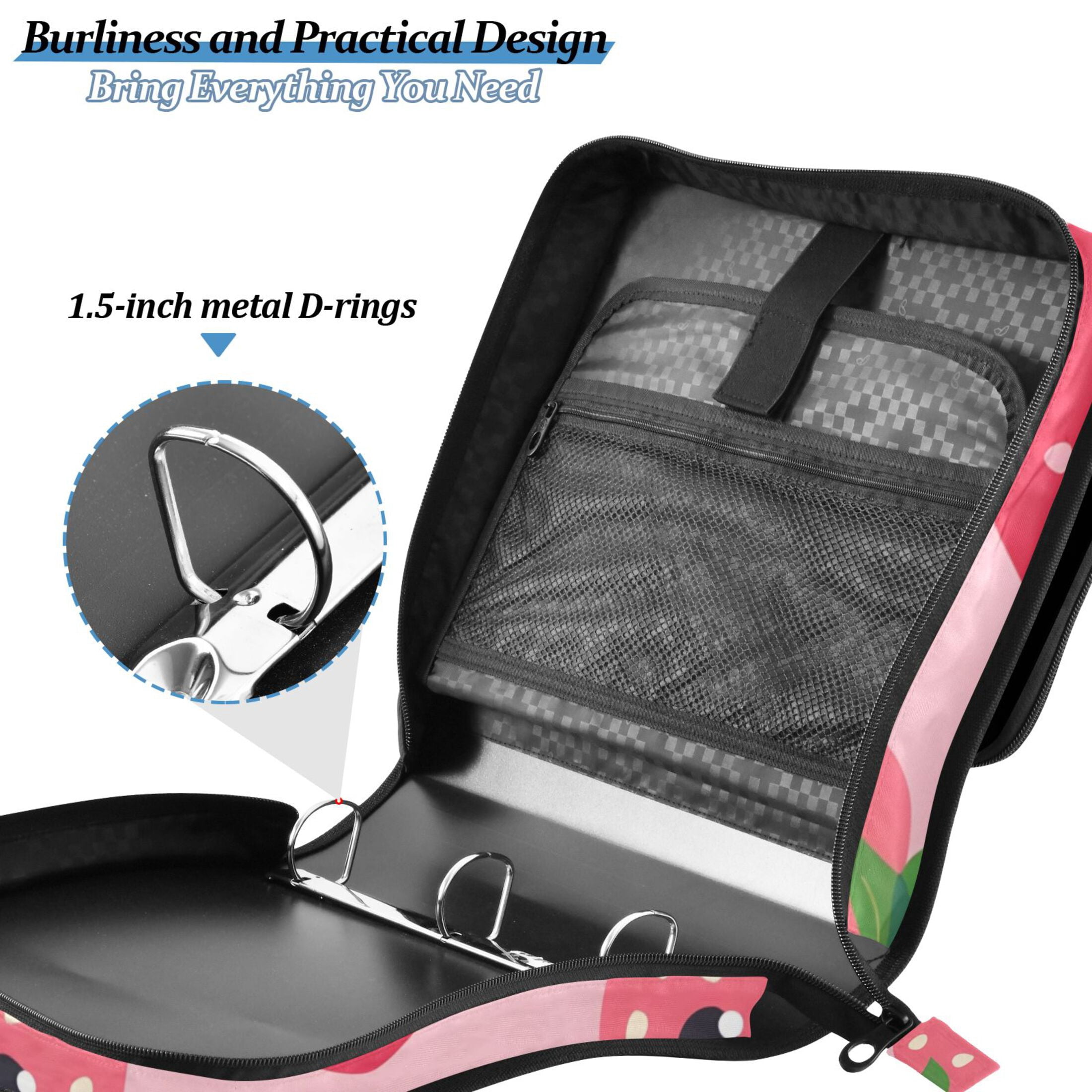 3 Ring Zipper Binder with Shoulder Strap Waterproof Trapper Keeper 2 Inch D-Ring 500 Sheets Capacity Lovely Strawberry