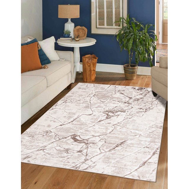 ECARPET Helix modern area rug featuring an abstract beige and brown design, placed on hardwood flooring between sofas in a stylish living room.