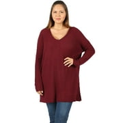 JED FASHION Women's Plus Size V-Neck Brushed Waffle Knit Thermal Tunic Top